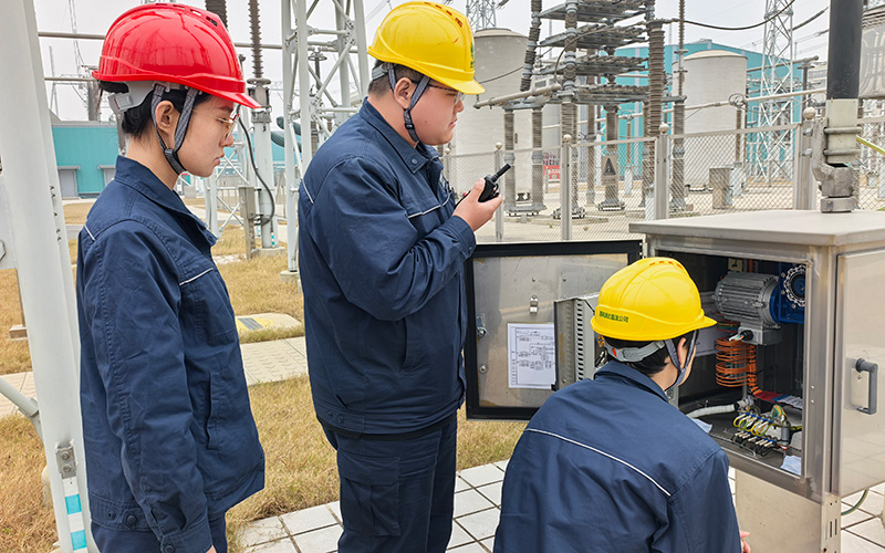 国网湖北直流公司特高压武汉换流变电站党支部纪检委员监督运维人员检查端子箱。