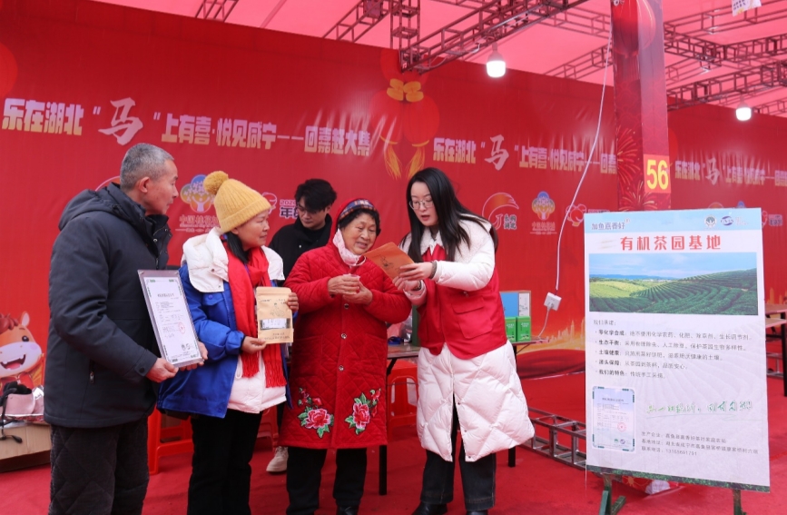 志愿者给群众讲解“嘉乡好”有机茶叶的制作工艺。