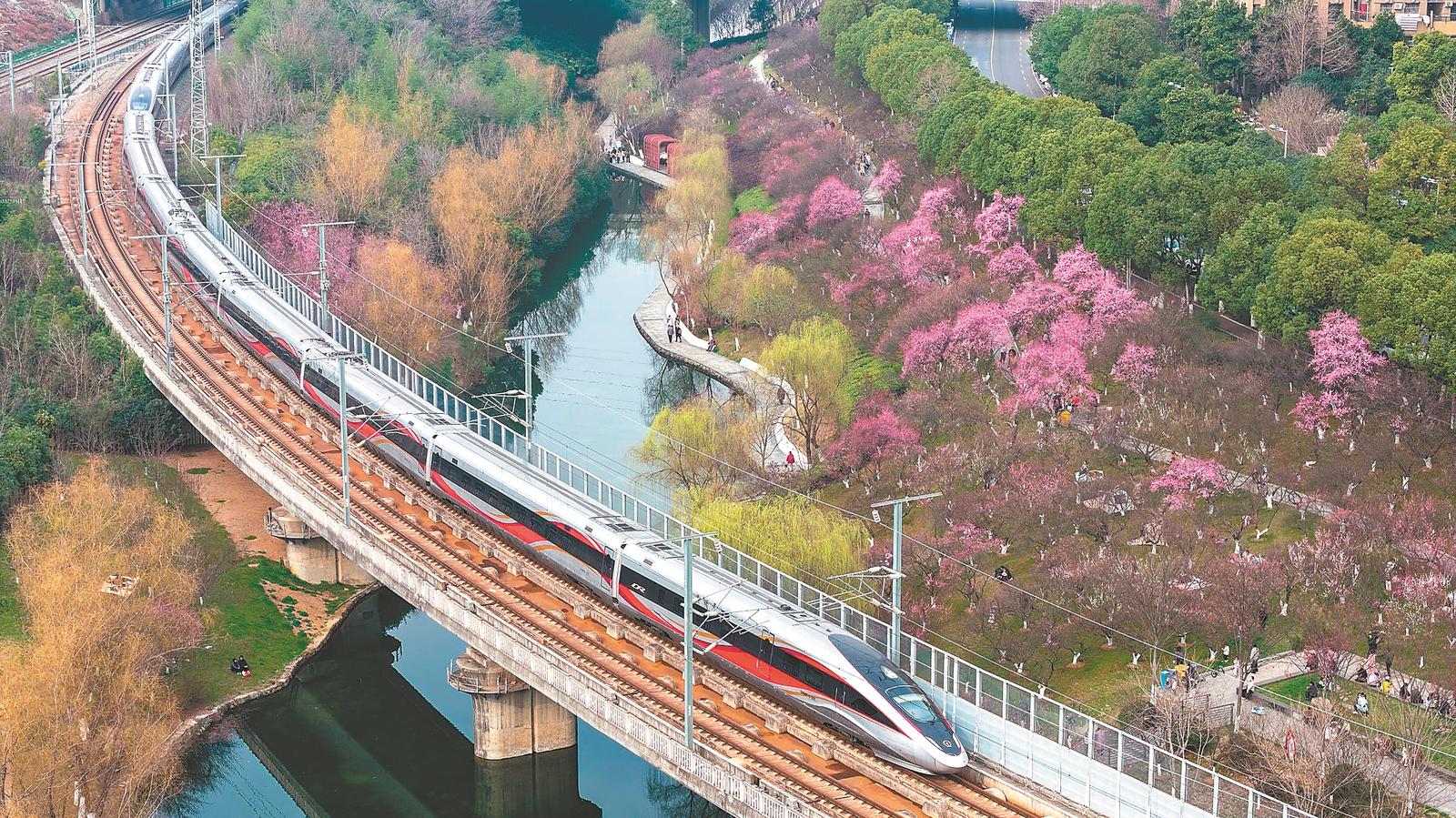 3月7日，一列动车组列车驶过合肥市蜀山区匡河公园。本报记者 张大岗 摄